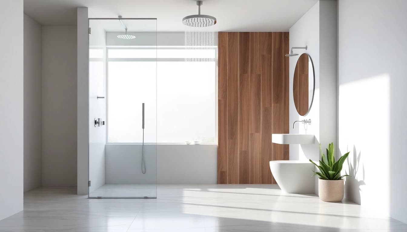 Enhance your space with a stylish wet room shower featuring elegant glass partitions and modern fixtures.