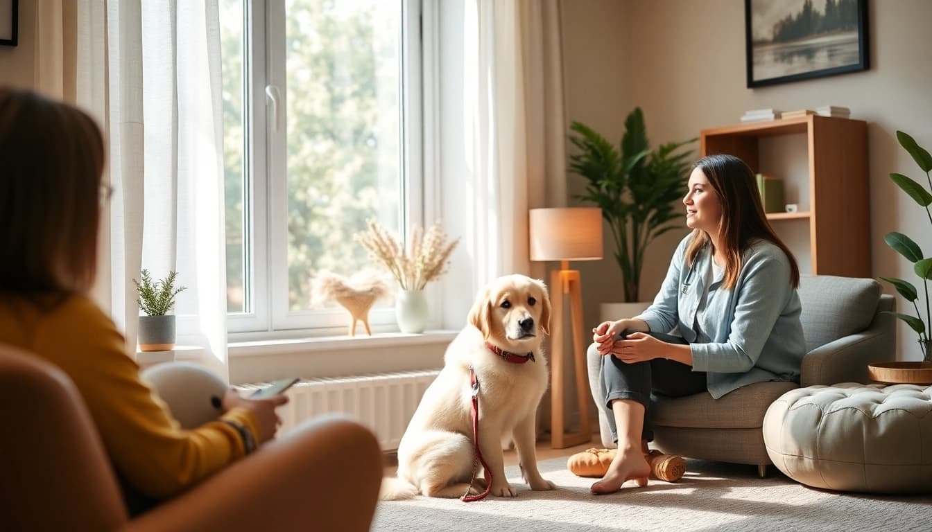 Engage in effective anxiety treatment Sydney with compassionate psychologist and therapy dog in a cozy setting.