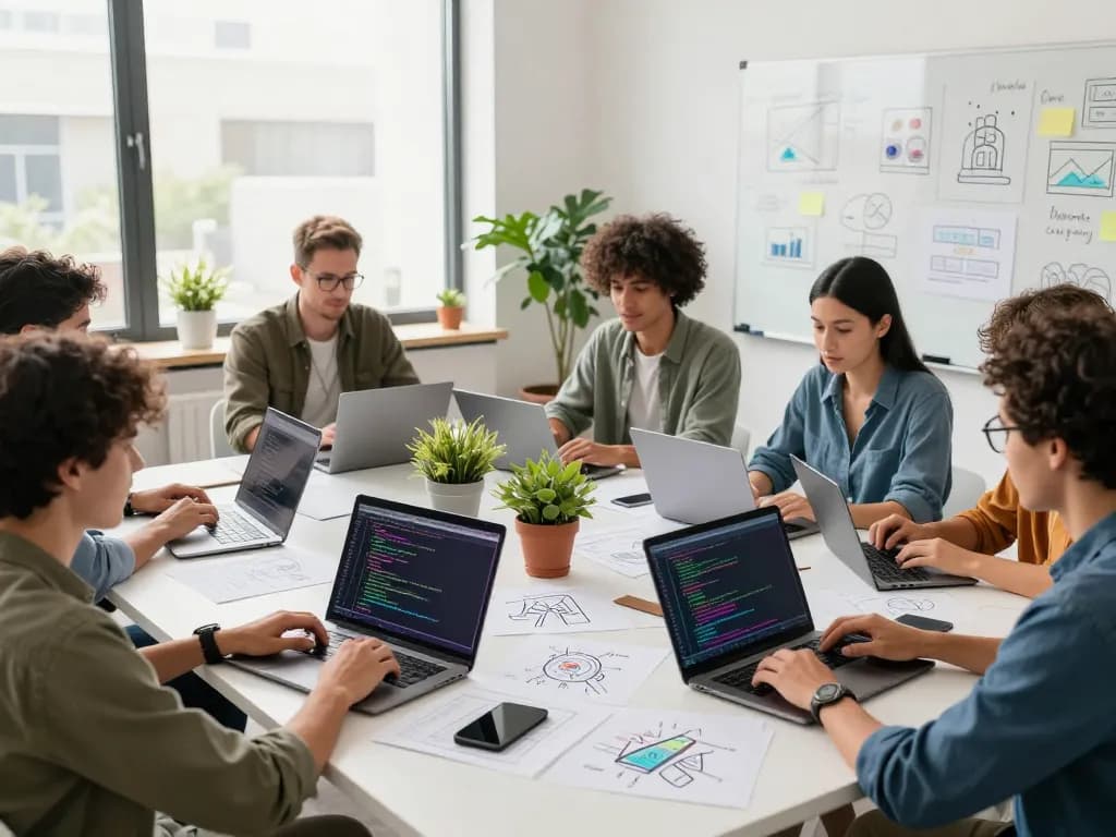 Open claw software development team collaborating with laptops and digital whiteboard in a vibrant tech workspace.