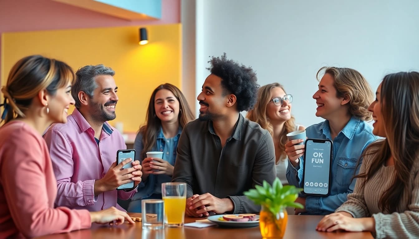 Dynamic scene showcasing diverse individuals enjoying dating through the OK FUN app.
