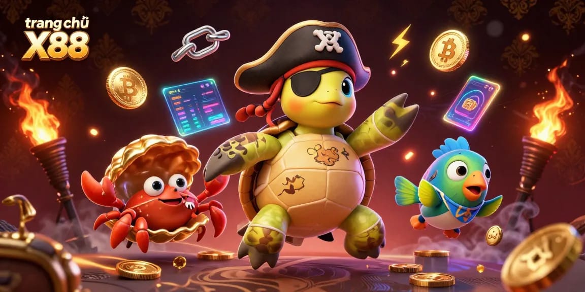 Engage with the dynamic world of trang chủ X88 as the 3D turtle, crab, and fish treasure hunt among glowing crypto coins.
