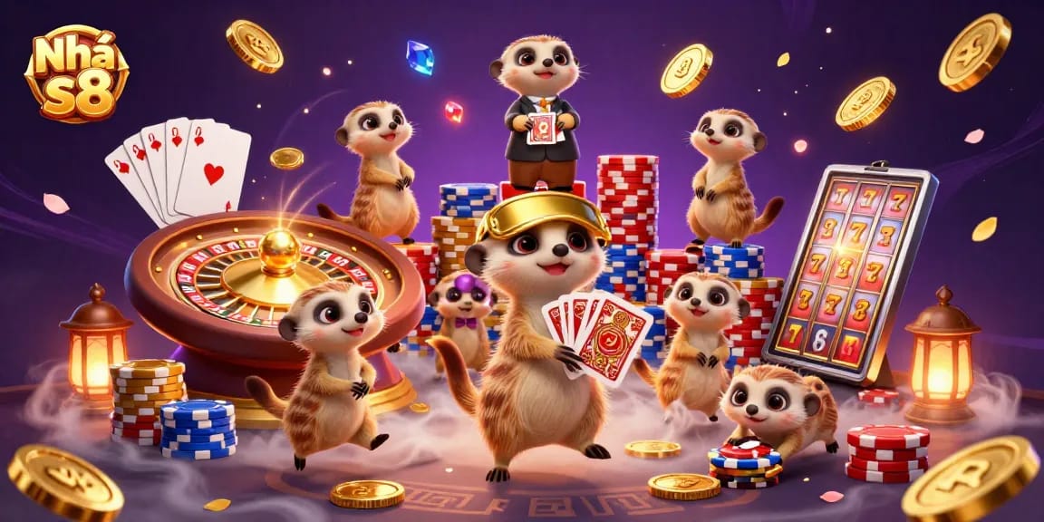 Experience the excitement at Nhà cái s8 as meerkats run a vibrant casino, surrounded by dazzling gems and coins.