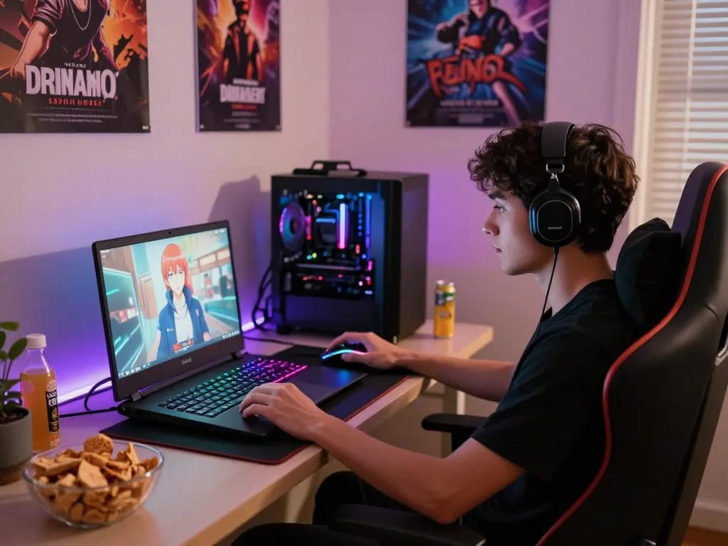 Gamer enjoying a porngame on a laptop in a cozy home setup with vibrant lighting.