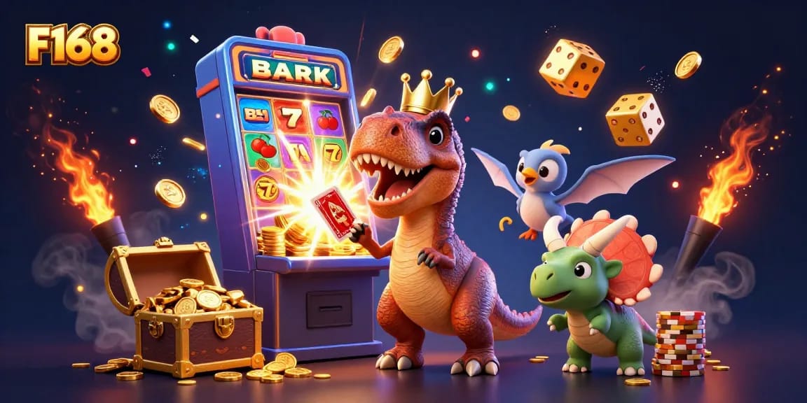 F168 showcases a lively casino scene with a T-Rex shuffling cards, surrounded by jackpot elements.