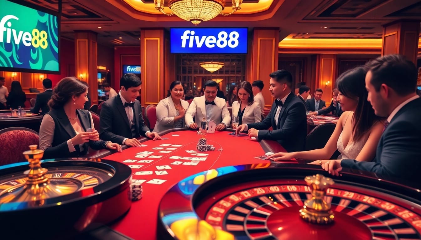 Excitement at the casino with five88 logo featuring poker players and roulette.