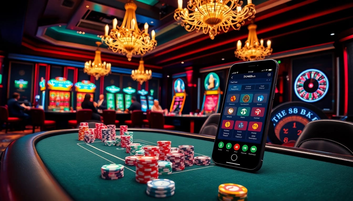 Experience thrilling gaming action at dom88.us.com, showcasing vibrant poker chips and lively casino atmosphere.