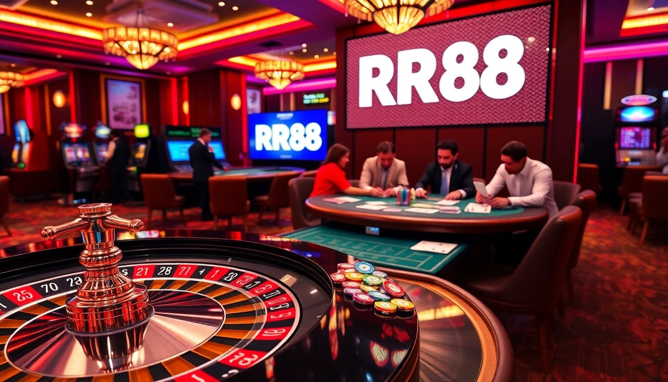 Experience the thrilling atmosphere of RR88 with vibrant casino tables and poker action.