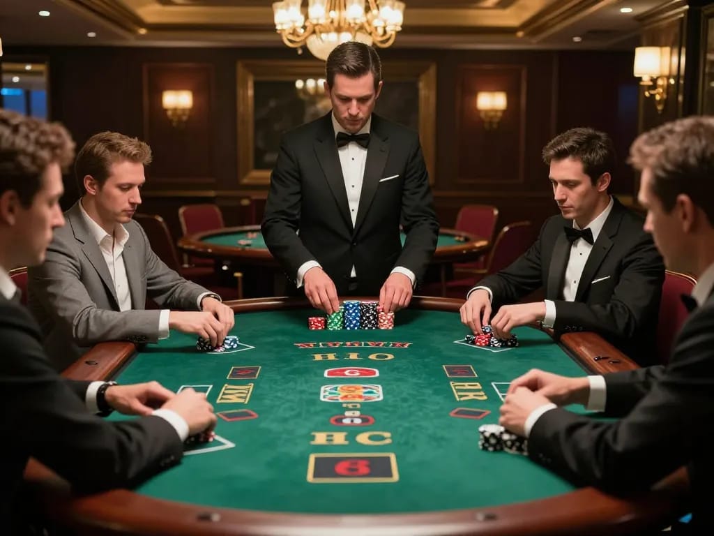 Players enjoying a high-stakes blackjack game at nohu52 casino with a luxurious atmosphere.