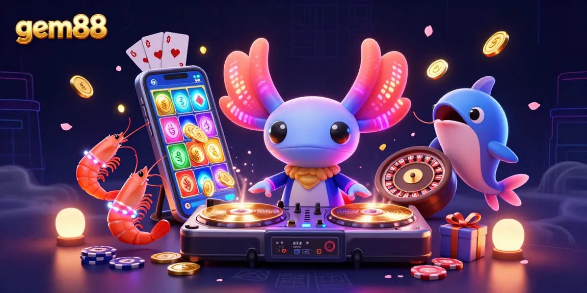 Experience gem88 with lively casino characters dancing around slot games and vibrant visuals for an engaging gaming experience.