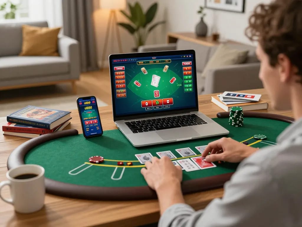Engage in the excitement of u888 with a live dealer blackjack game on a laptop at home.