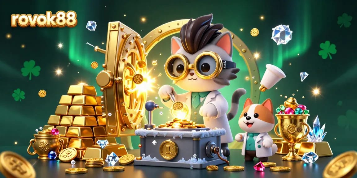 Join the excitement of rokok88 with dynamic casino elements and characters in a vibrant lab scene.