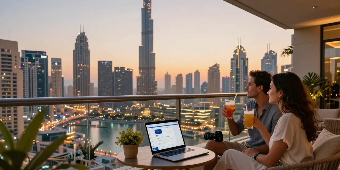 Couple reviewing airbnb management dashboard on a Dubai balcony, city skyline at sunset.