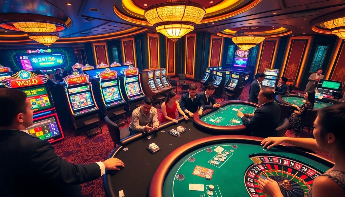 Players enjoying a vibrant casino atmosphere at tai w88, featuring gaming tables and exciting slot machines.