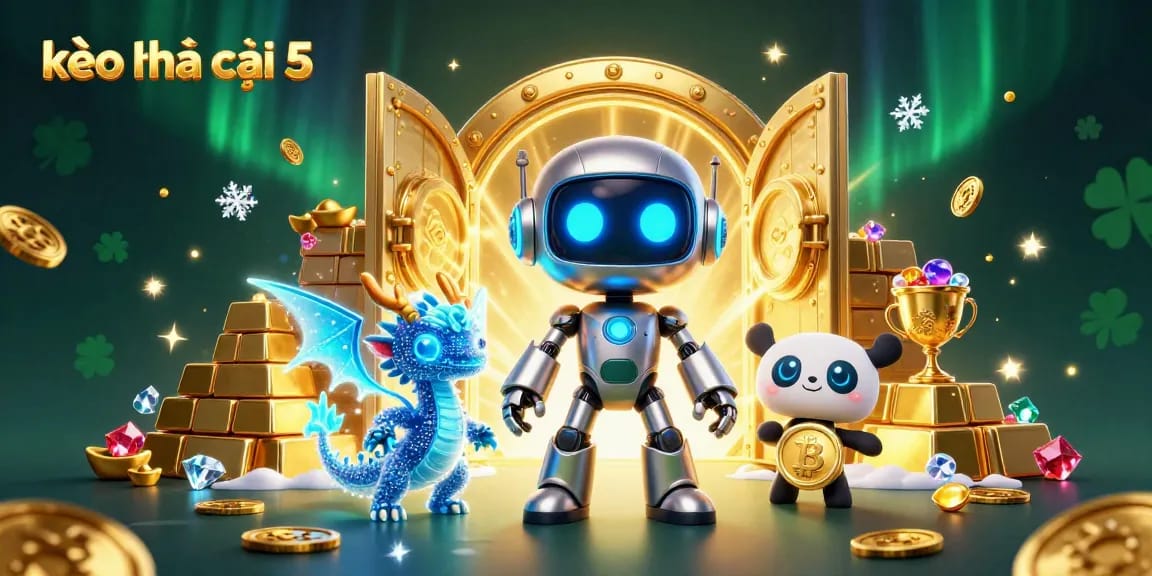 Experience vibrant gambling excitement with kèo nhà cái 5 featuring a cyberpunk robot, AI dragon, and bitcoin drone.