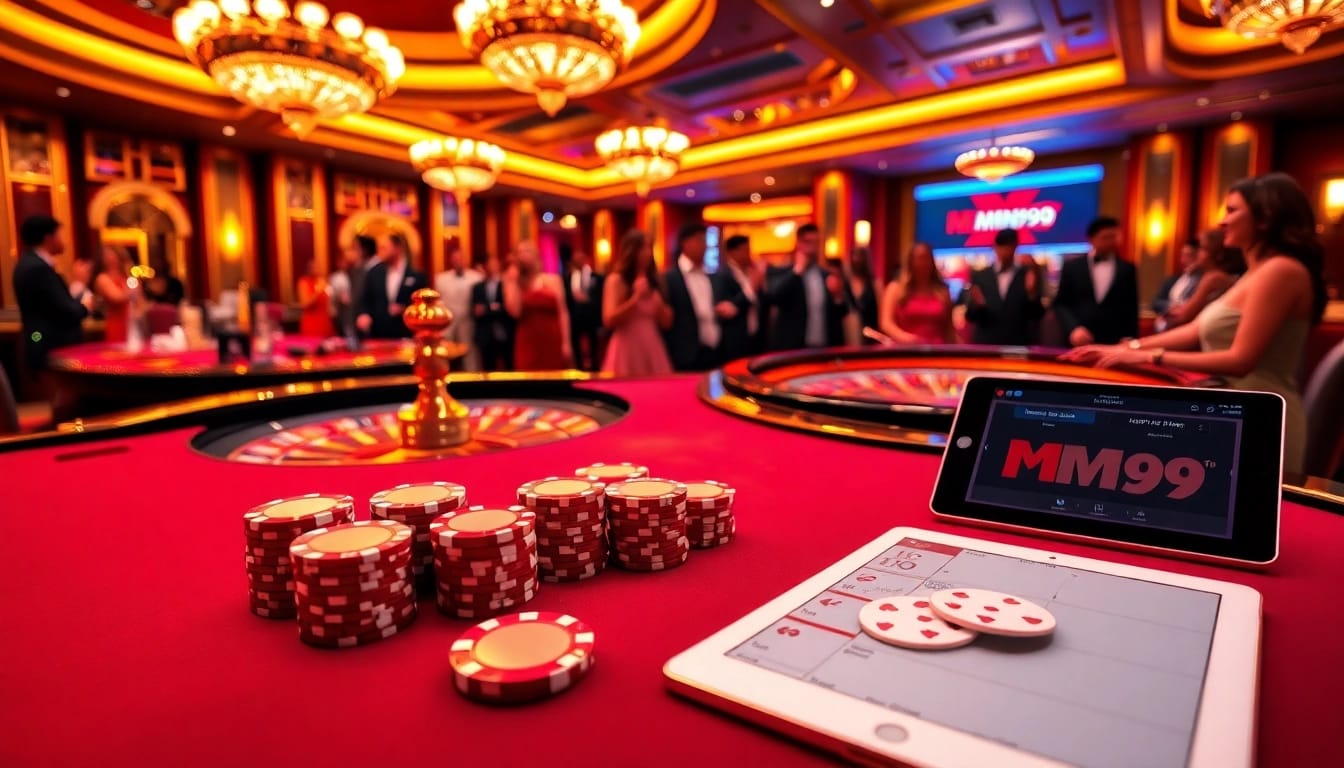 Excited players engaging in high-stakes games at the MM99 casino table with vibrant decor.