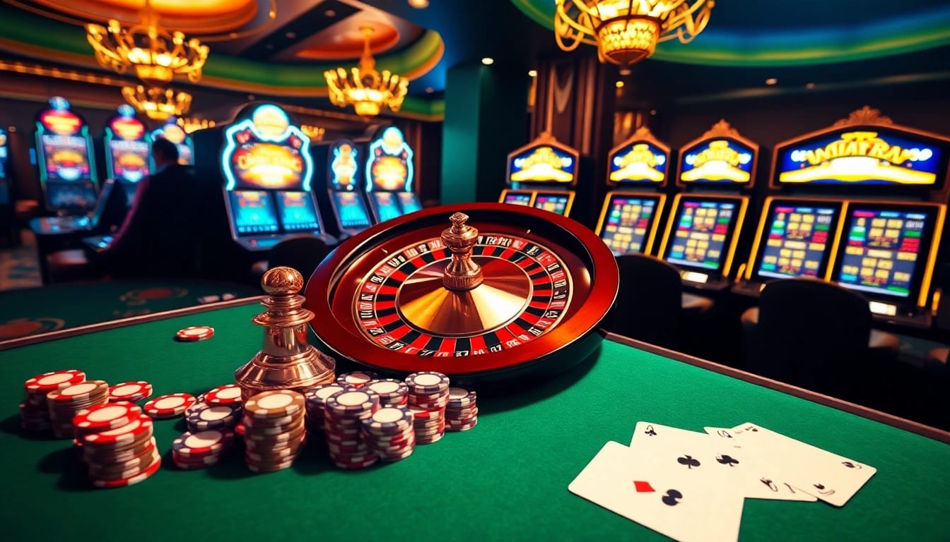 Experience the thrill of online gaming at BJ88 with vibrant casino visuals showcasing poker chips and roulette.