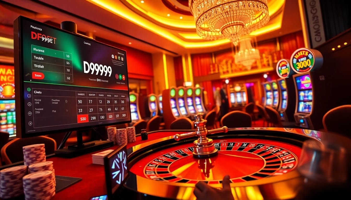 Experience the thrill of DF999 bet amid casino glamour, with roulette tables and poker chips.