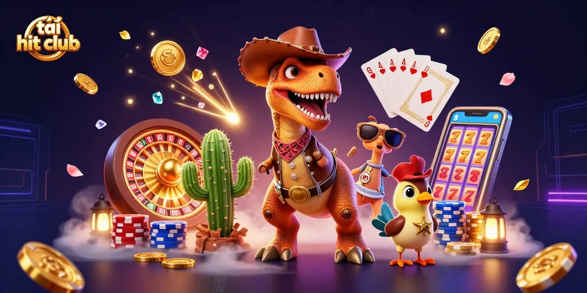 Experience thrilling gaming action with tải hit club featuring cartoon characters engaging with colorful casino elements.