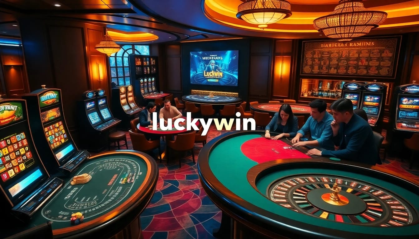 Experience the thrilling atmosphere of luckywin with vibrant slot machines and enthusiastic players at an online casino.