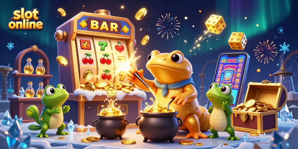 Slot online menampilkan alchemist emas dan karakter lucu dalam suasana kasino yang kaya dengan detail.