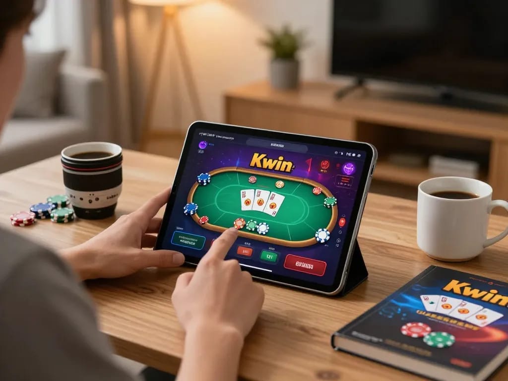 Kwin's app gameplay on a tablet, showing active poker game with chips and cards.
