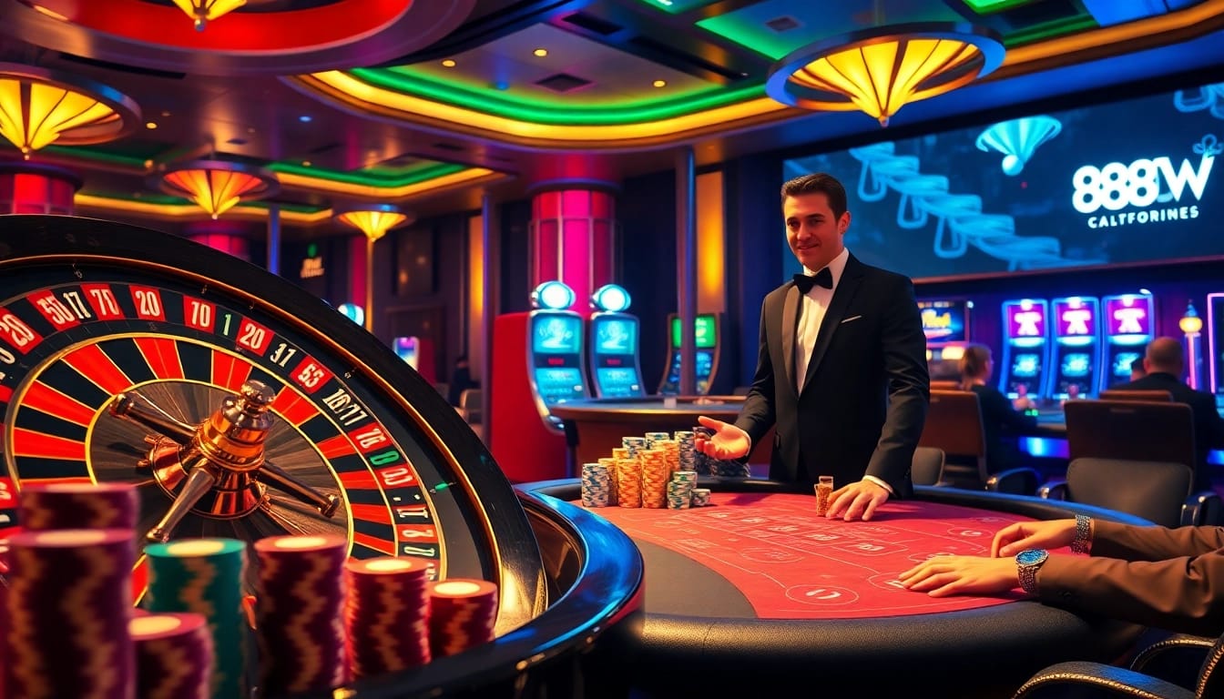 Experience the thrill of luxury gambling with 888NOW at an exciting casino scene featuring poker chips and roulette.
