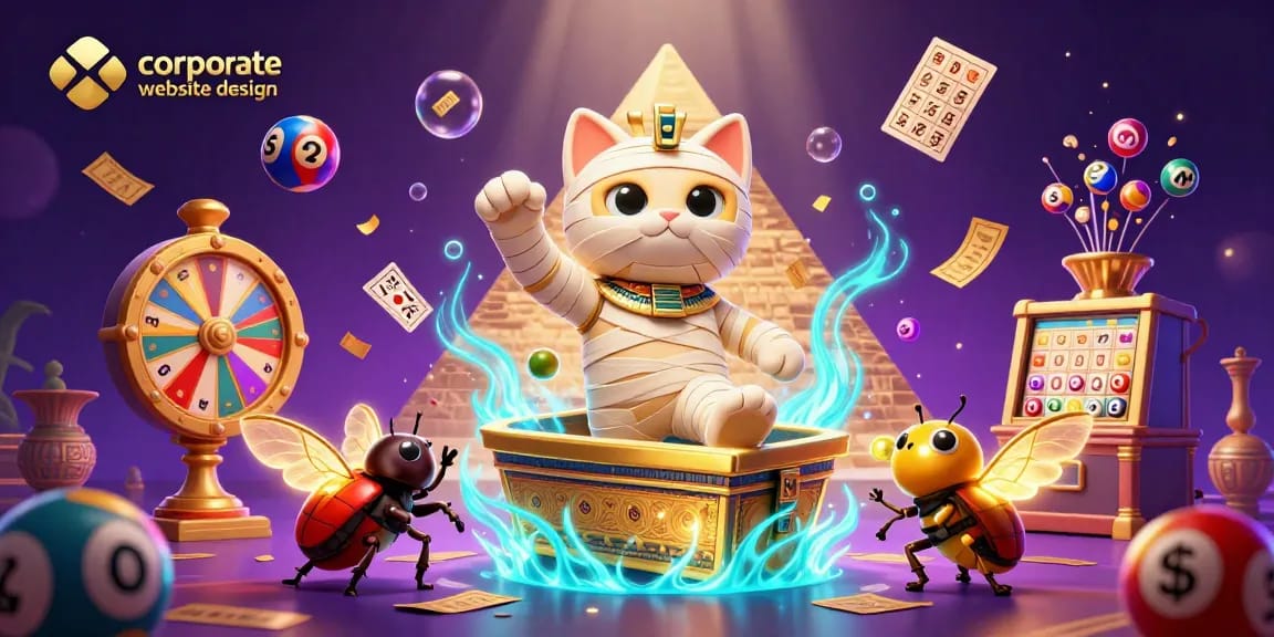 Engage with our corporate website design showcasing an Egyptian mummy cat and casino elements in action.