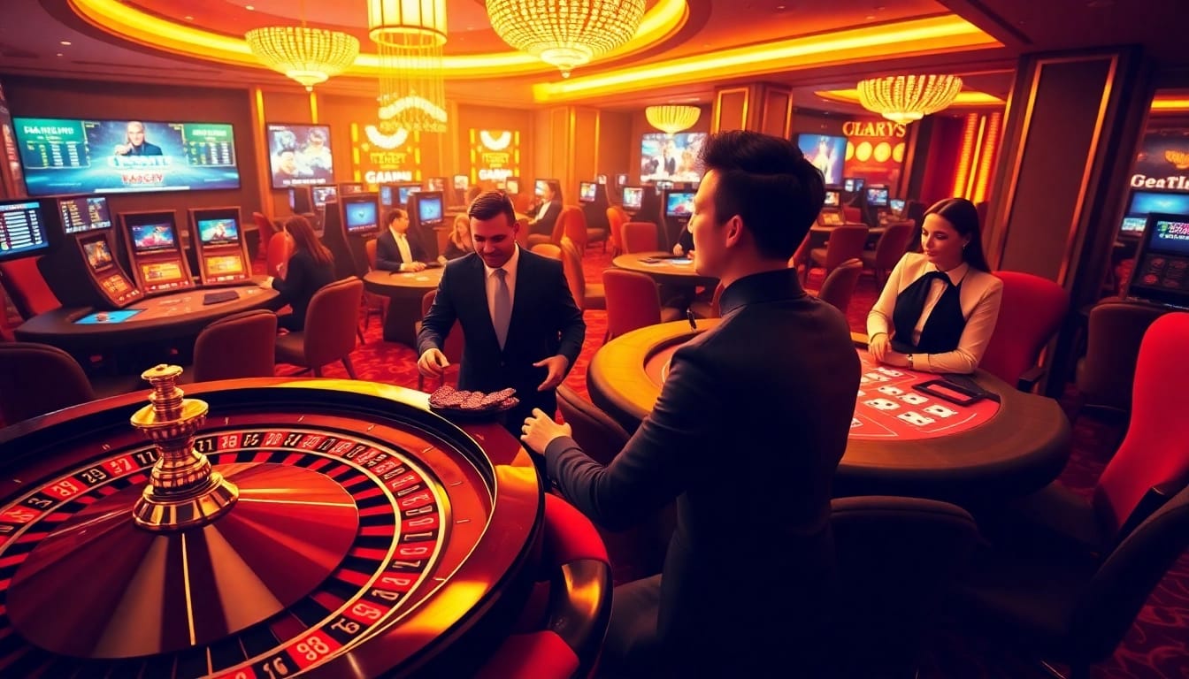 Exciting online gambling experience at https://tg88-casino.com/ with players at poker tables and roulette wheels.