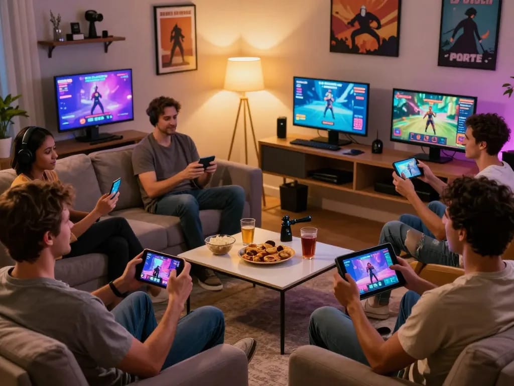 Adults enjoying real porn games in a cozy living room with vibrant game displays.
