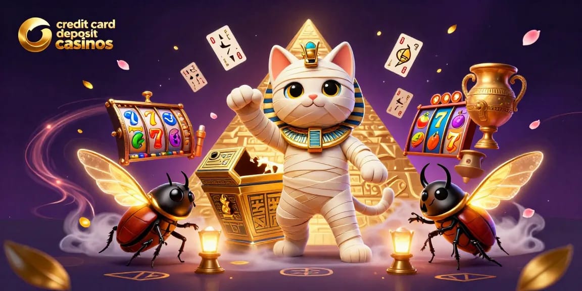 Experience thrilling action at credit card deposit casinos with an excited mummy cat and glowing scarab beetle.