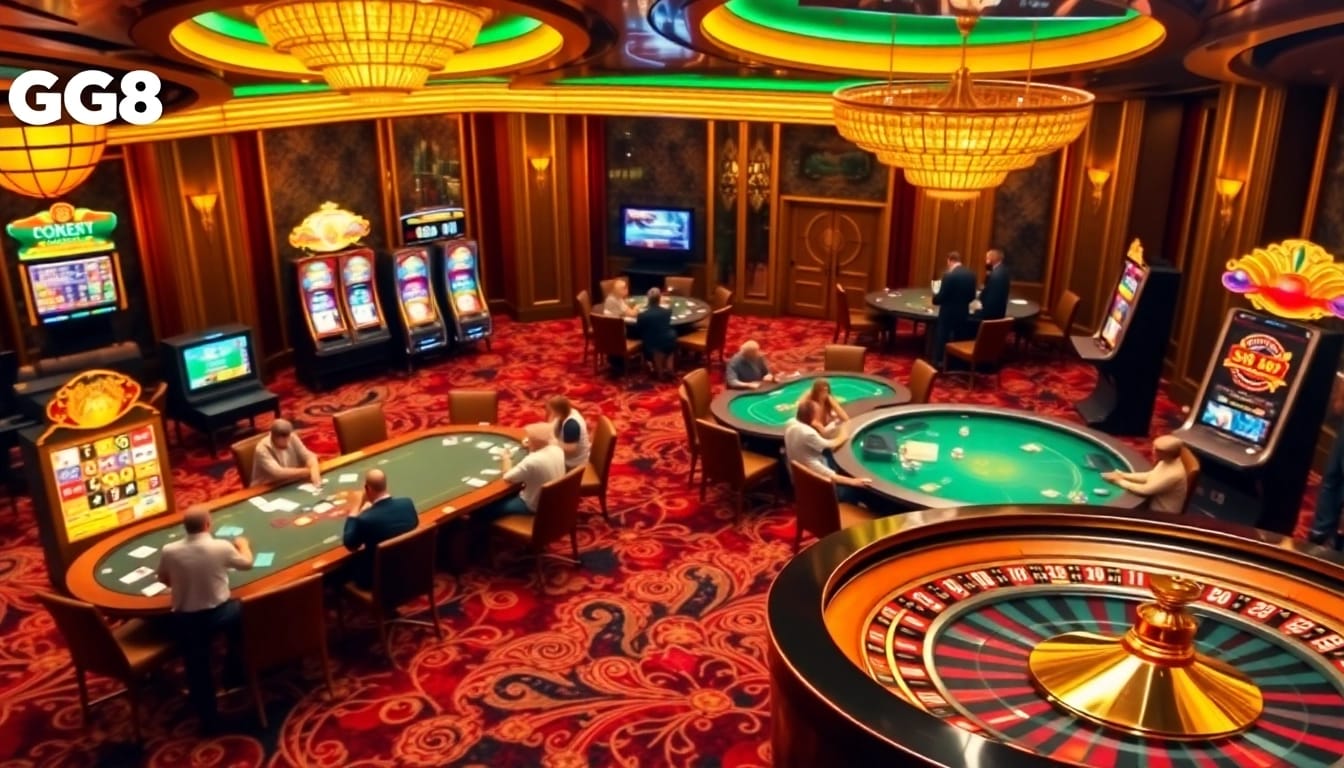 Experience the excitement of GG88 with vibrant casino visuals featuring table games and slot machines.