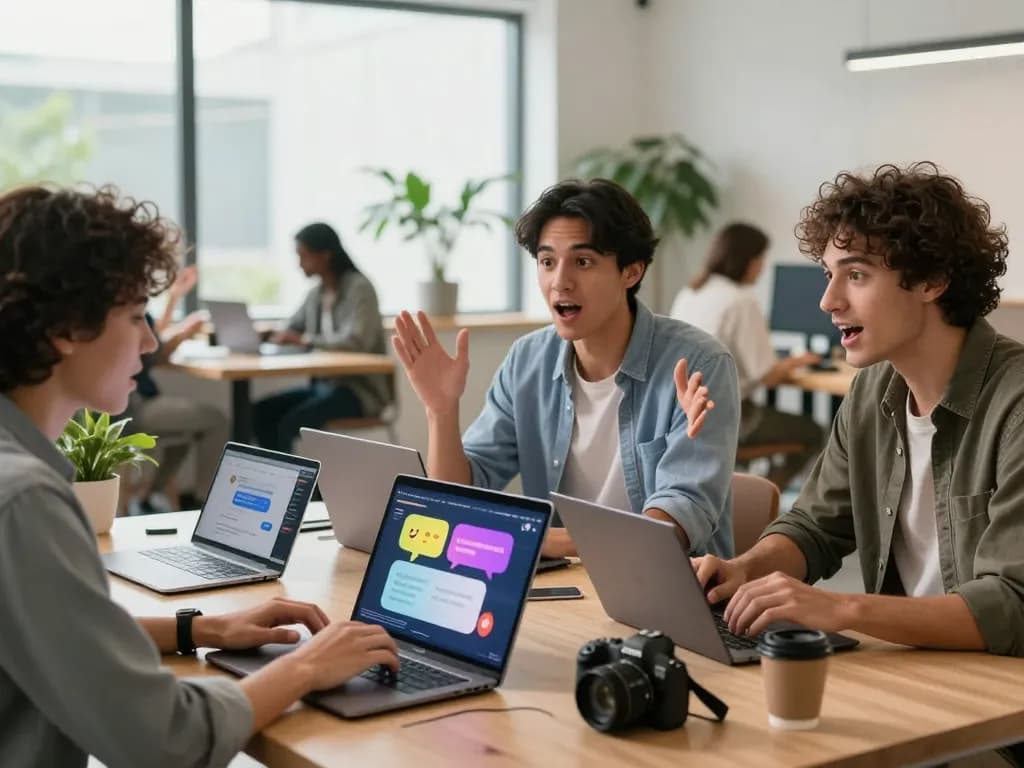 Interactive spicy chat session with diverse users in a modern tech workspace.
