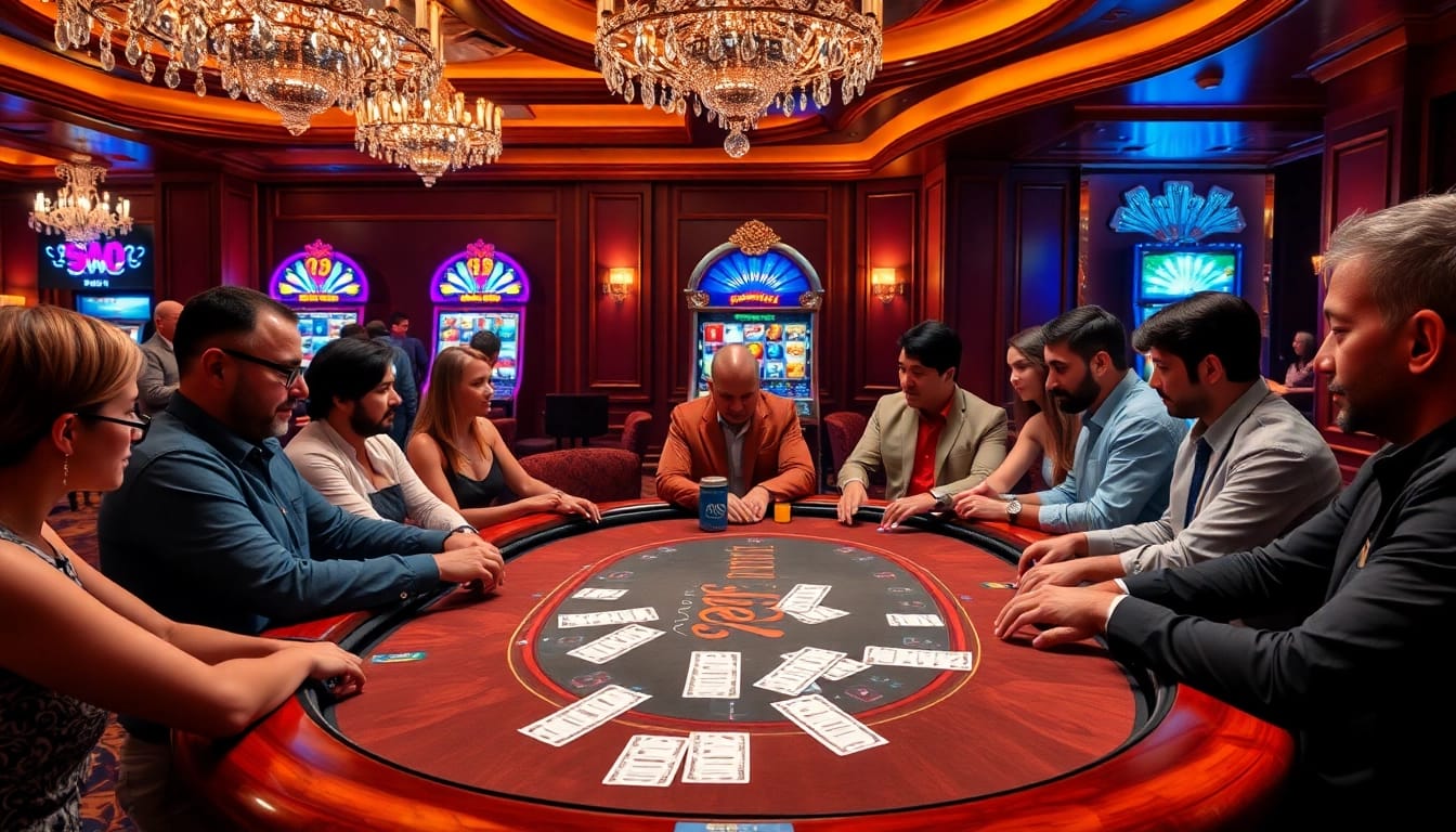 S8 poker game scene showcasing excitement with players and vibrant decor.