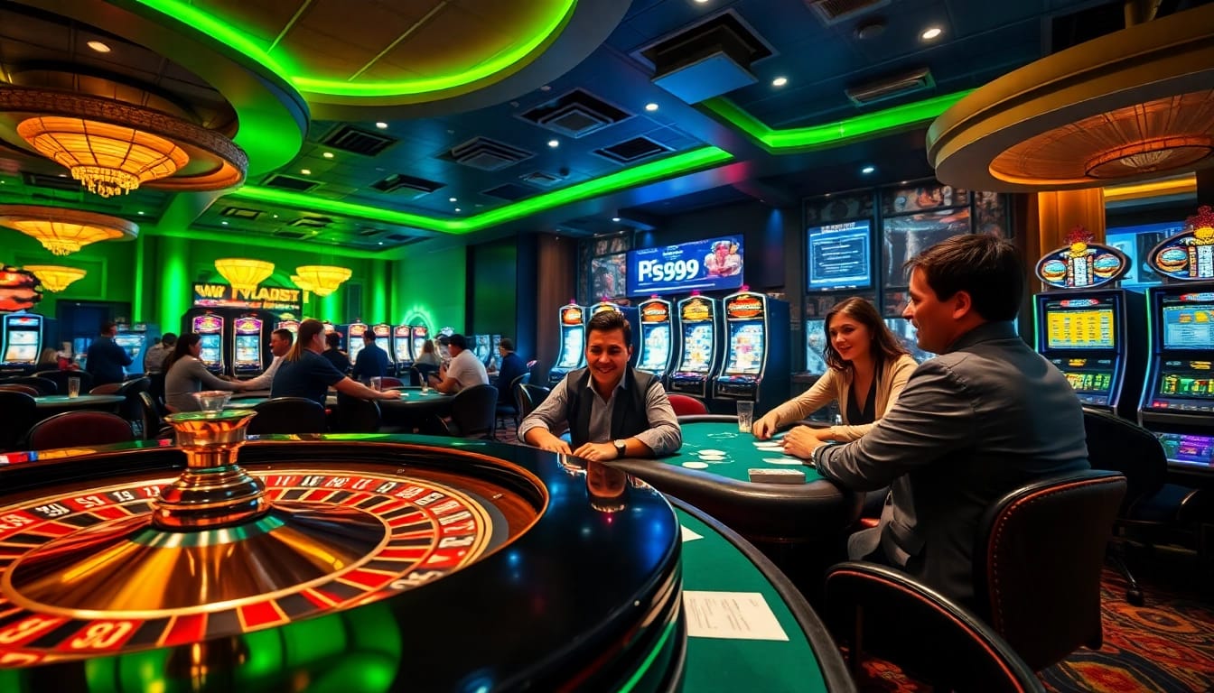 Excited players engaging at the luxury PS99 casino, showcasing chips and roulette tables.