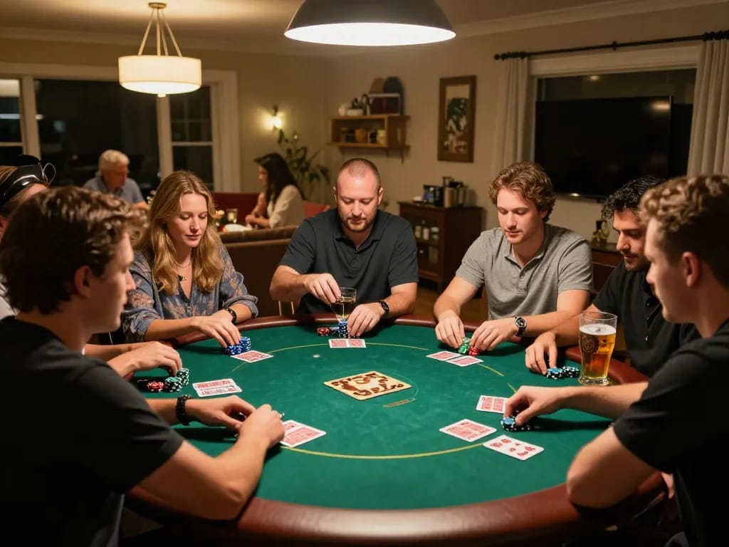 Engaged players practicing strategy during đăng nhập 566 at a home poker night with cards and chips