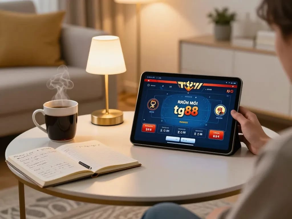 Engaging in khuyến mãi tg88 poker game on tablet at home, showcasing cozy lighting and strategy notes.