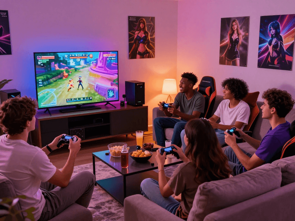 Engaged players enjoying a real porn game in a cozy gaming setup with vibrant visuals.