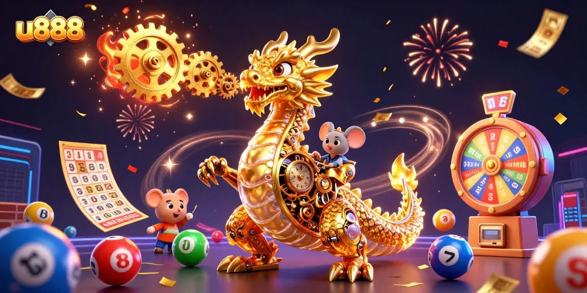 Experience thrilling cockfighting action at u888 with a vibrant 3D casino scene filled with excitement.