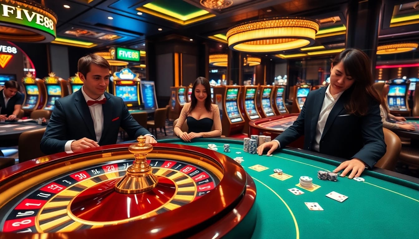 Experience gambling excitement at FIVE88, featuring luxurious casino tables, poker chips, and a roulette wheel.
