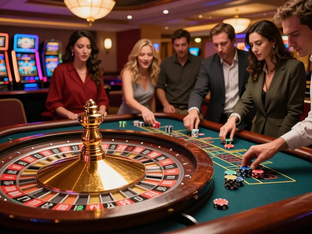 Fly88 players engaged in intense roulette action, showcasing vibrant casino atmosphere and thrilling gameplay moments
