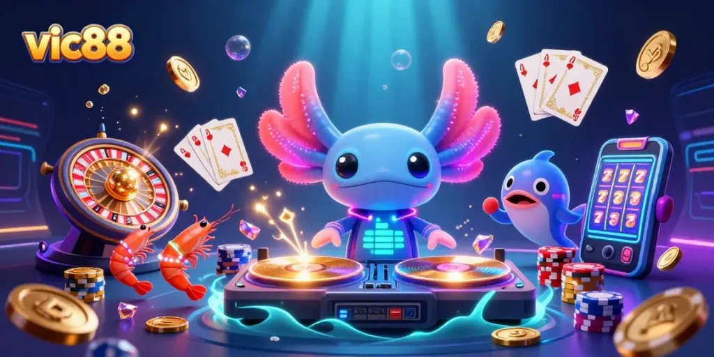 Experience vic88 with a vibrant underwater casino scene, featuring a neon axolotl DJ and dynamic game elements.