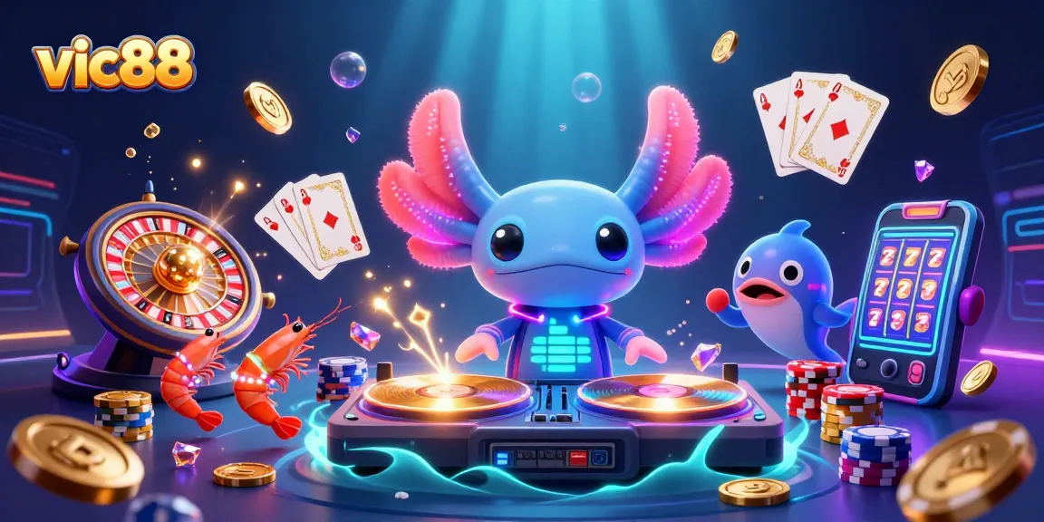 Experience vic88 with a vibrant underwater casino scene, featuring a neon axolotl DJ and dynamic game elements.