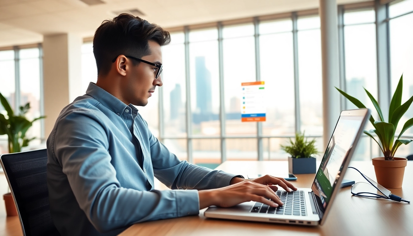 Engaged user processing their eta application uk on a sleek laptop at a bright office.