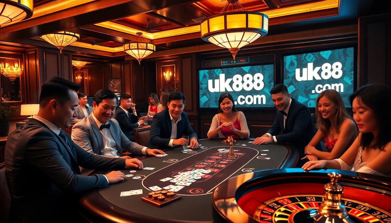 Play thrilling poker hands at uk88.com in a vibrant and luxurious casino atmosphere.