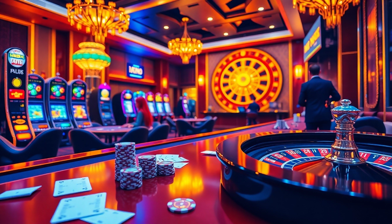 Experience the excitement of nha cai max88 with a vibrant casino scene featuring engaging games and luxurious elements.