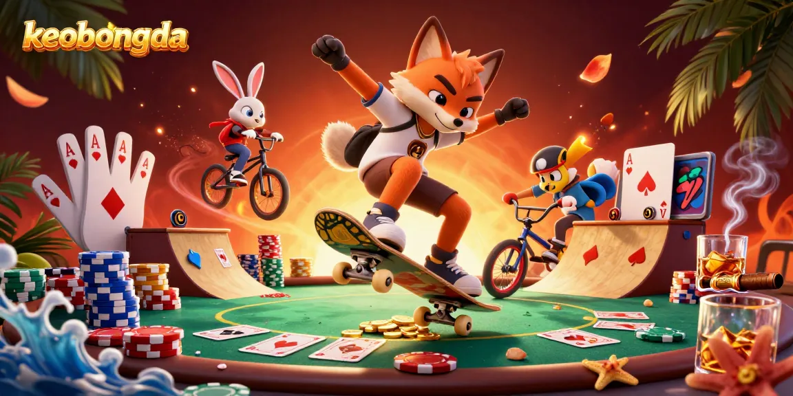 Engage with keobongda's vibrant gambling scene, showcasing poker elements in a dynamic cartoon setting.