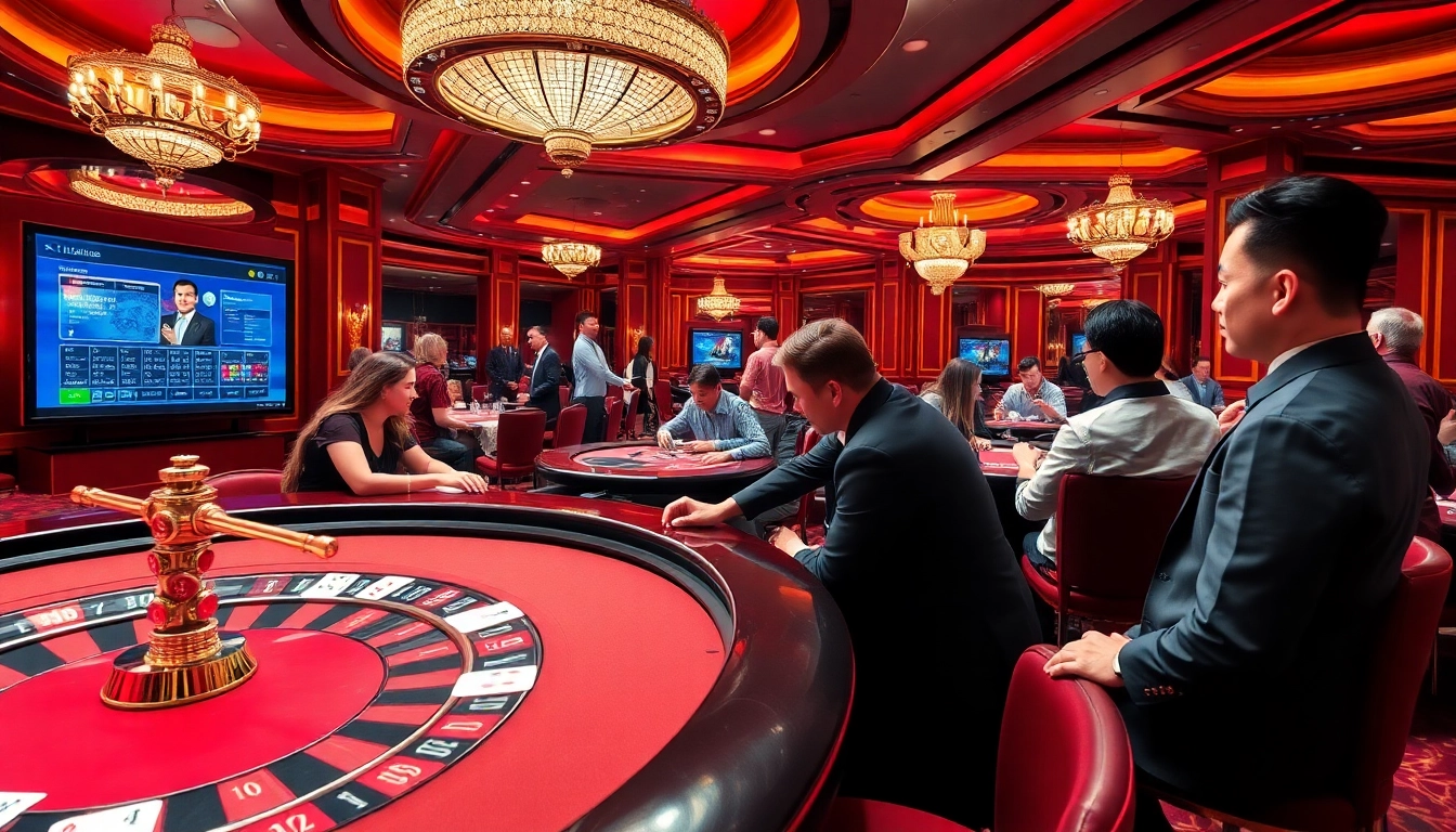 Exciting scene showcasing gamblers enjoying ingat bola88 gameplay at a luxurious casino table.