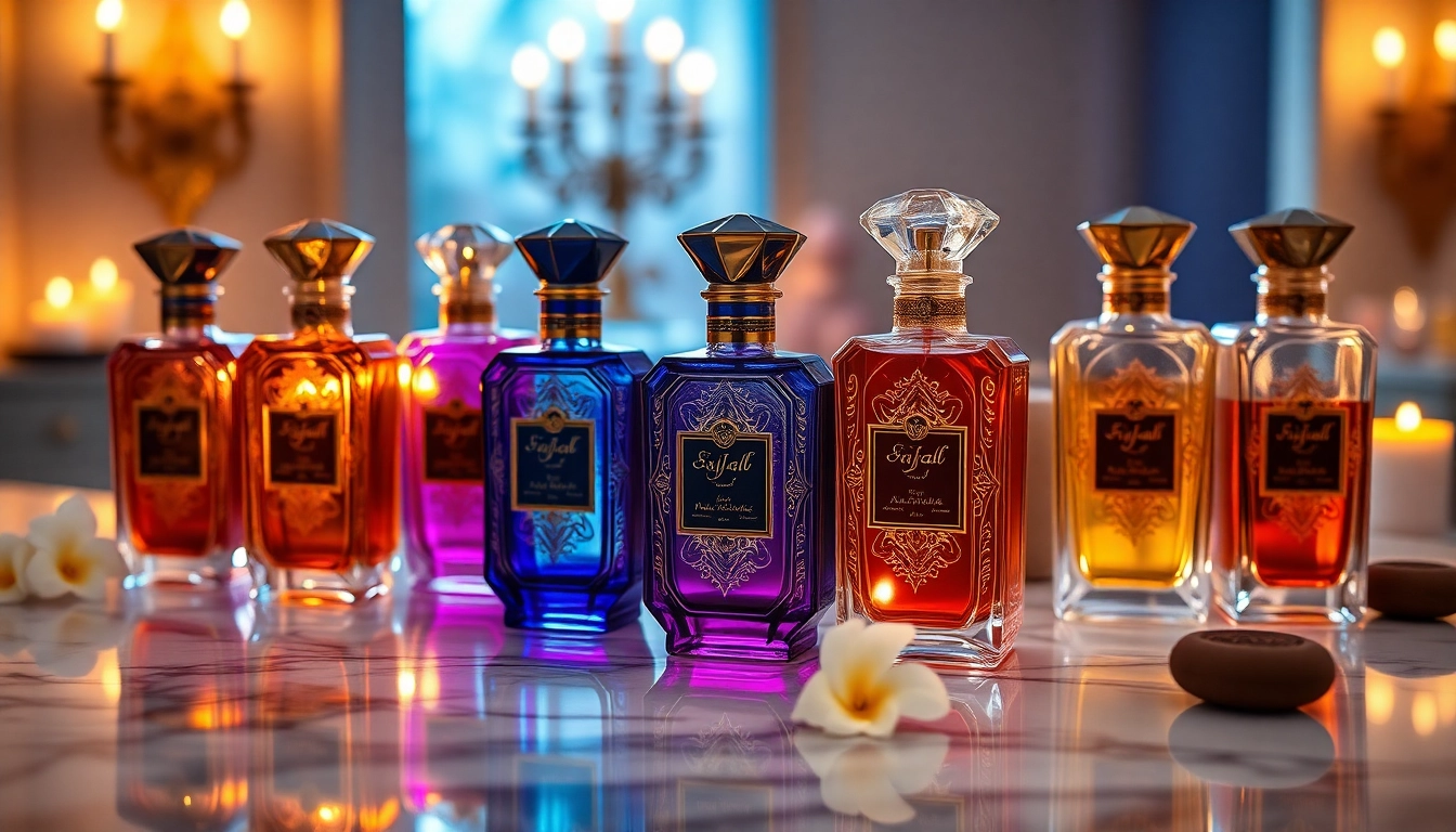 Discover luxury Arabian perfume bottles beautifully displayed on a marble countertop.