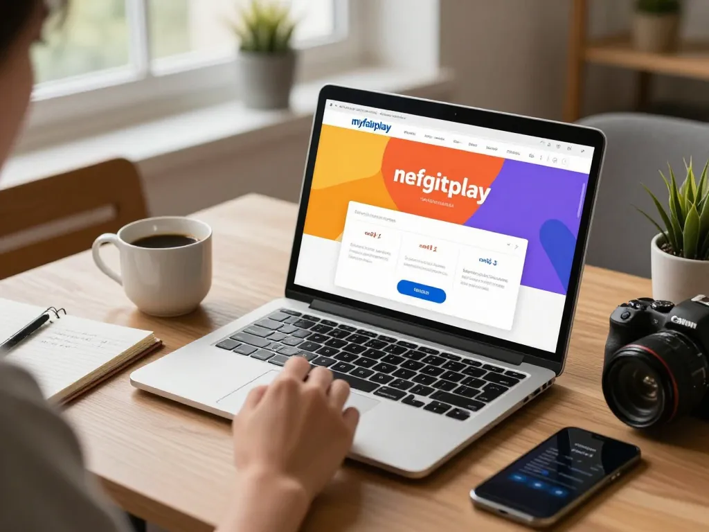 User engaged in myfairplay register on a laptop in a cozy workspace.