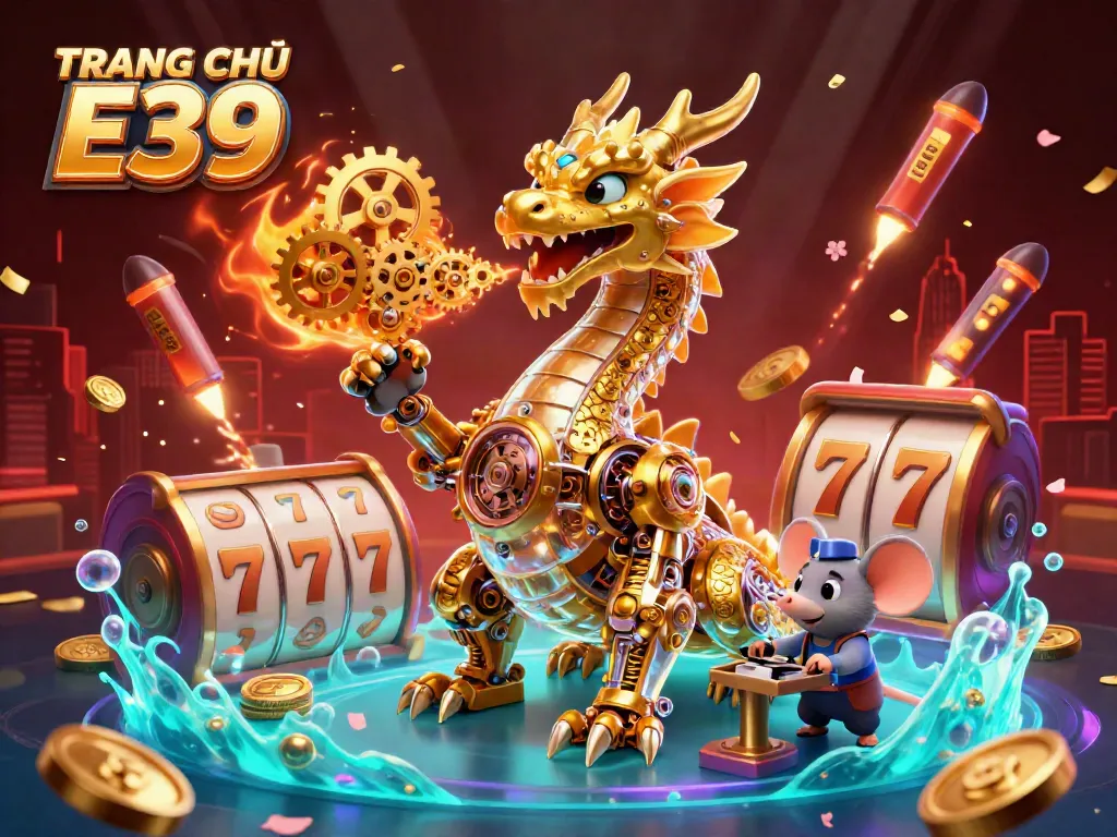 Engage in vibrant gameplay at TRANG CHỦ E39 with a golden dragon and slot reels illuminating the scene.